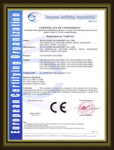 चीन Jinan Darin Machinery Co., Ltd. प्रमाणपत्र